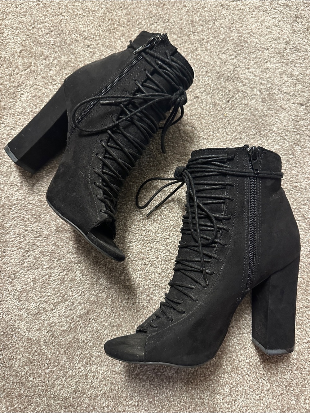 BAMBOO Black Lace-Up Peep-Toe Block Heel Ankle Boots